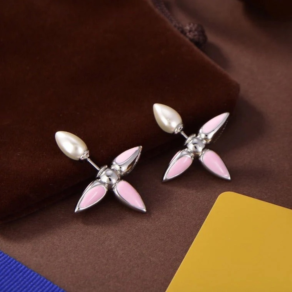 Pearl Top Pink Enamel Flower Drop Earrings